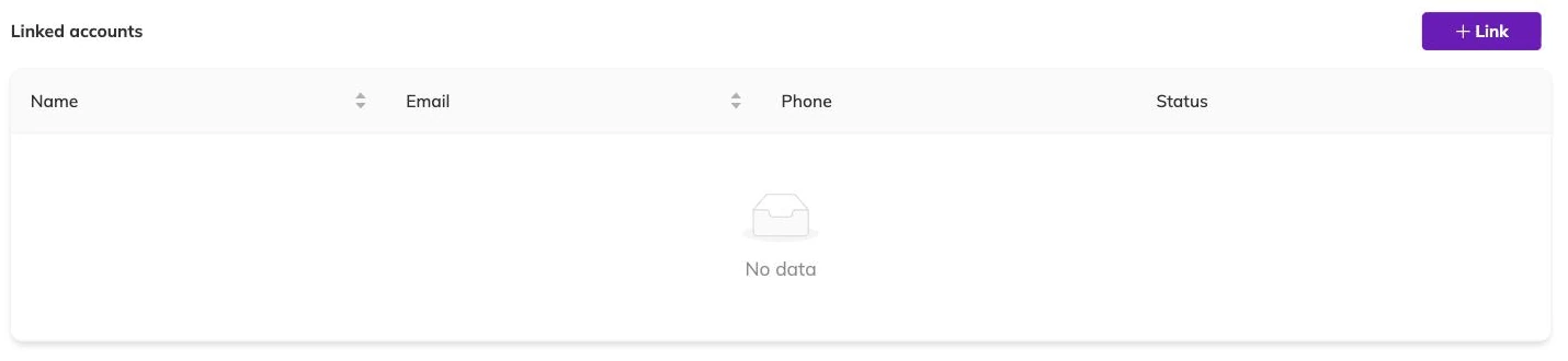 A Linked accounts panel on a family's profile, empty, with a Link button in the corner