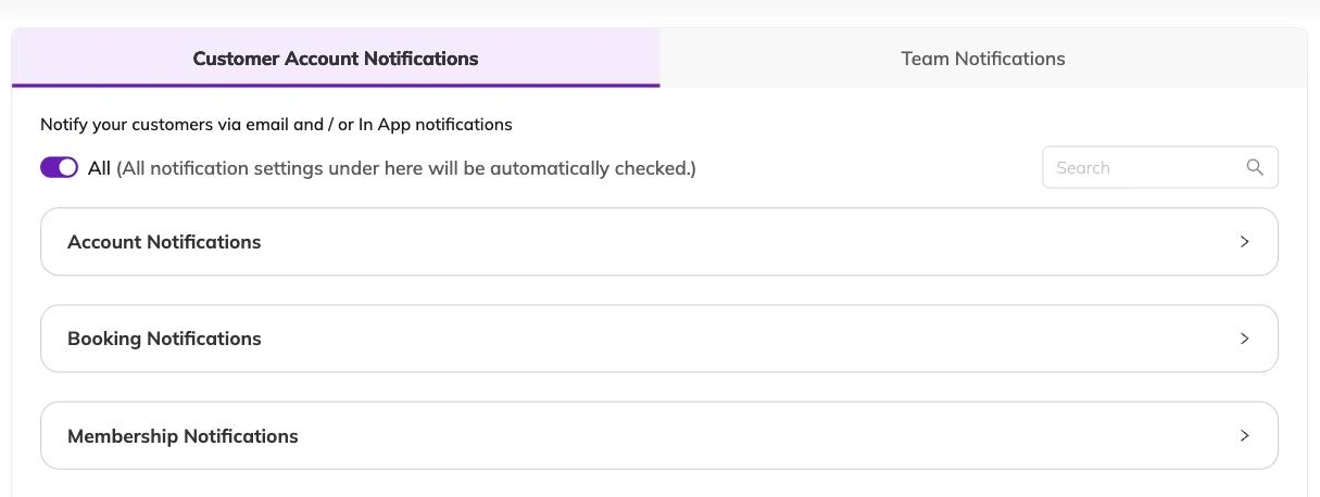Notification preferences split into Customer Account and Team tabs, with an All toggle and expandable groups for account, booking and membership notifications