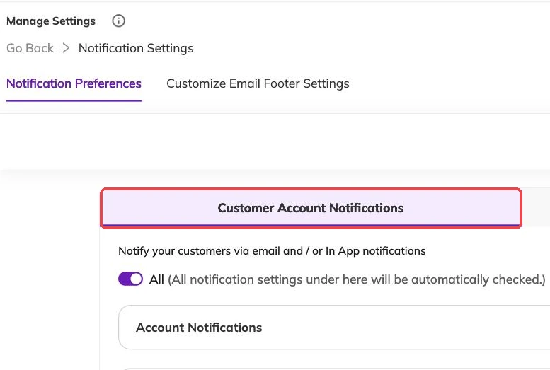 Customer and team notification tabs outlined