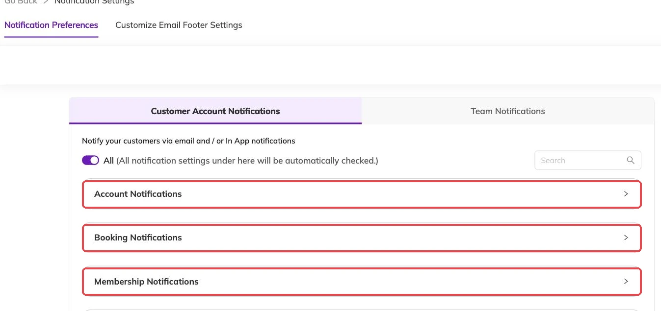 Notification groups outlined, including booking notifications