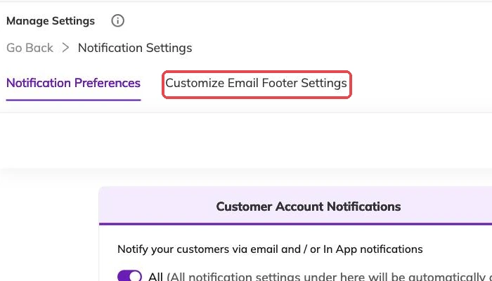The notification preferences and email footer tabs outlined