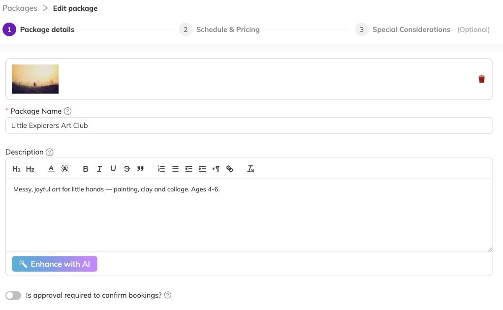 Step one of the programme wizard: cover image, programme name, a rich-text description with an Enhance with AI button, and a toggle for whether approval is required