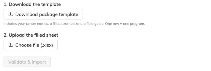 The package import page showing step one, Download package template, and step two, Choose file, with a Validate and import button
