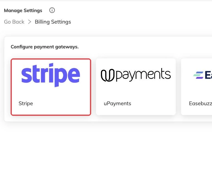 The Stripe option outlined among the payment gateways