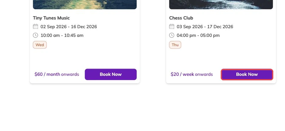 The Book Now button on a programme card outlined