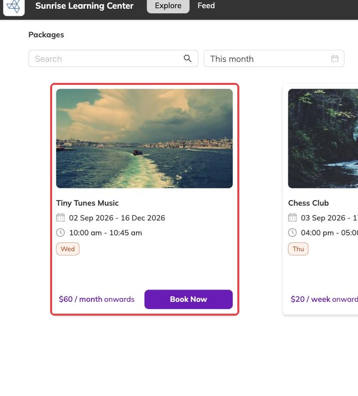 Programme cards on the parent portal with cover photos and prices