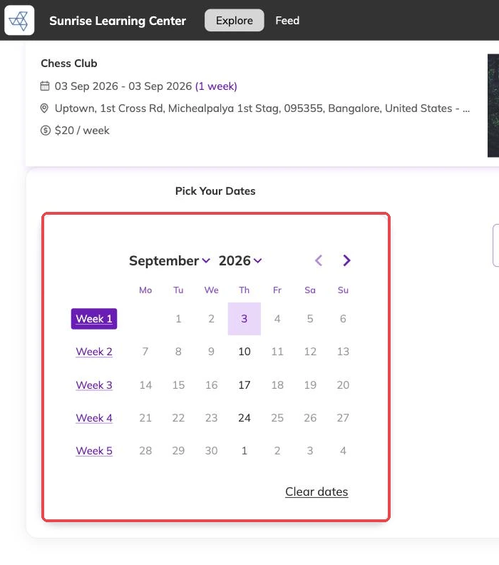 The date picker with week one selected and the timings panel beside it