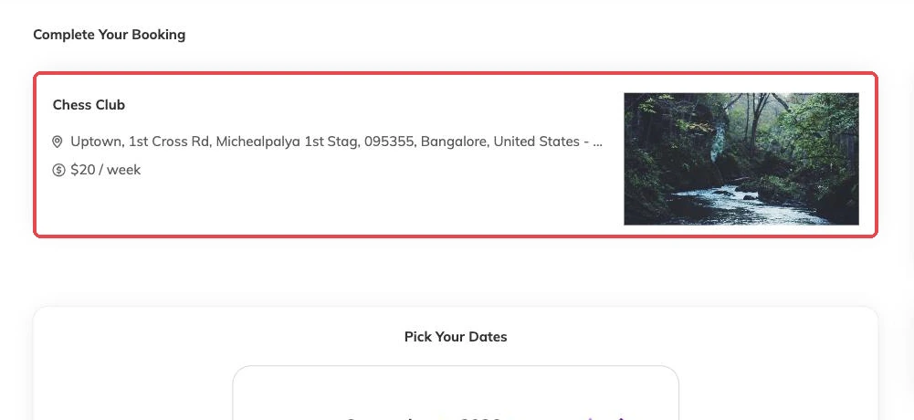 The programme summary at the top of the booking page, showing name, centre address and price