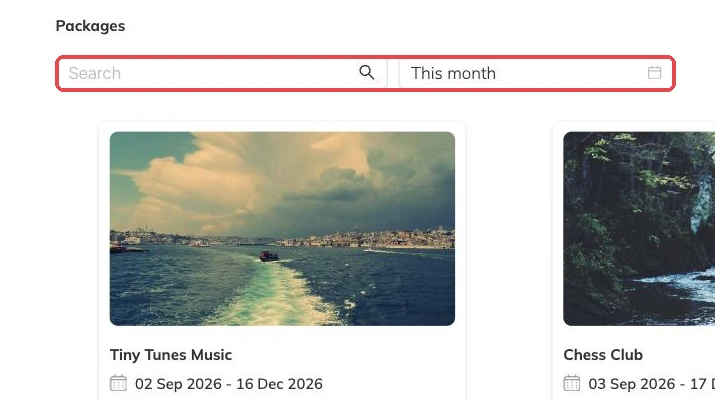 The search box and month filter on the booking page outlined