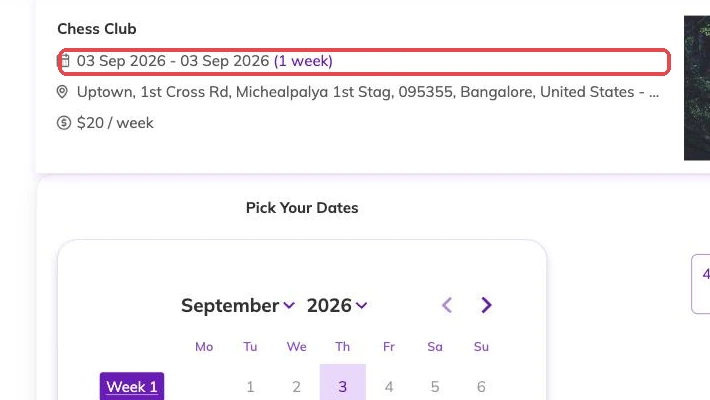 The chosen dates shown on the programme summary, reading 03 Sep 2026 with a one week tag