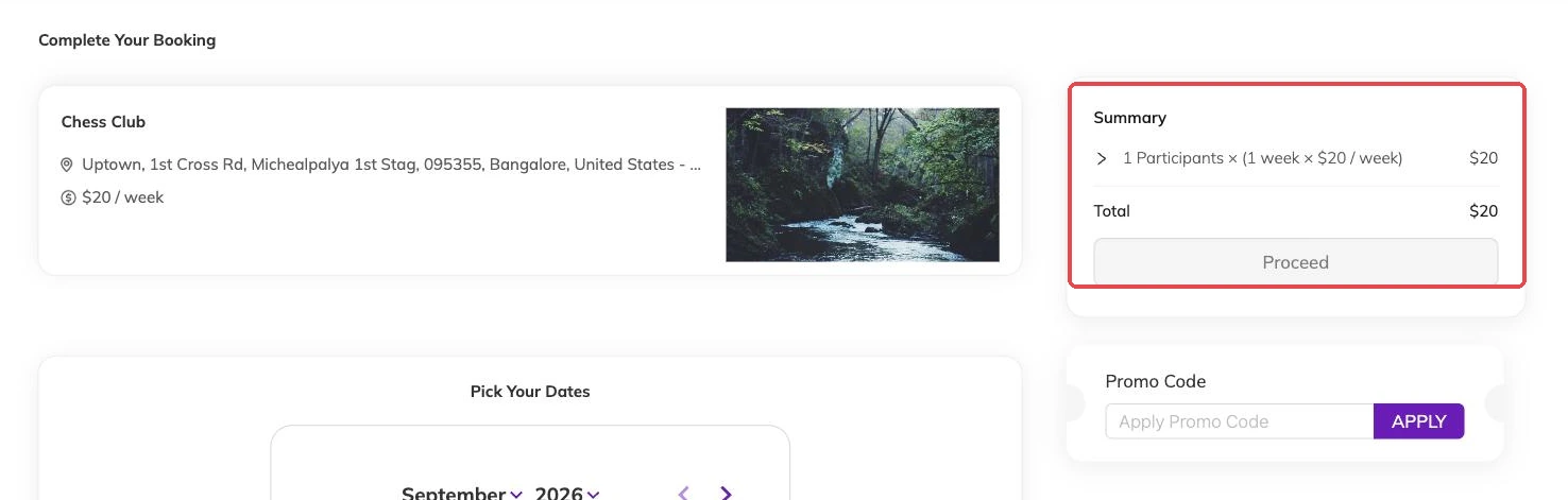The booking summary showing one participant times one week at twenty dollars, totalling twenty dollars