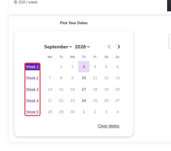The week selectors down the left of the booking calendar, outlined, with week one highlighted