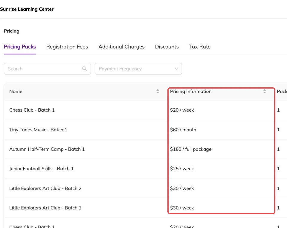 Pricing information outlined