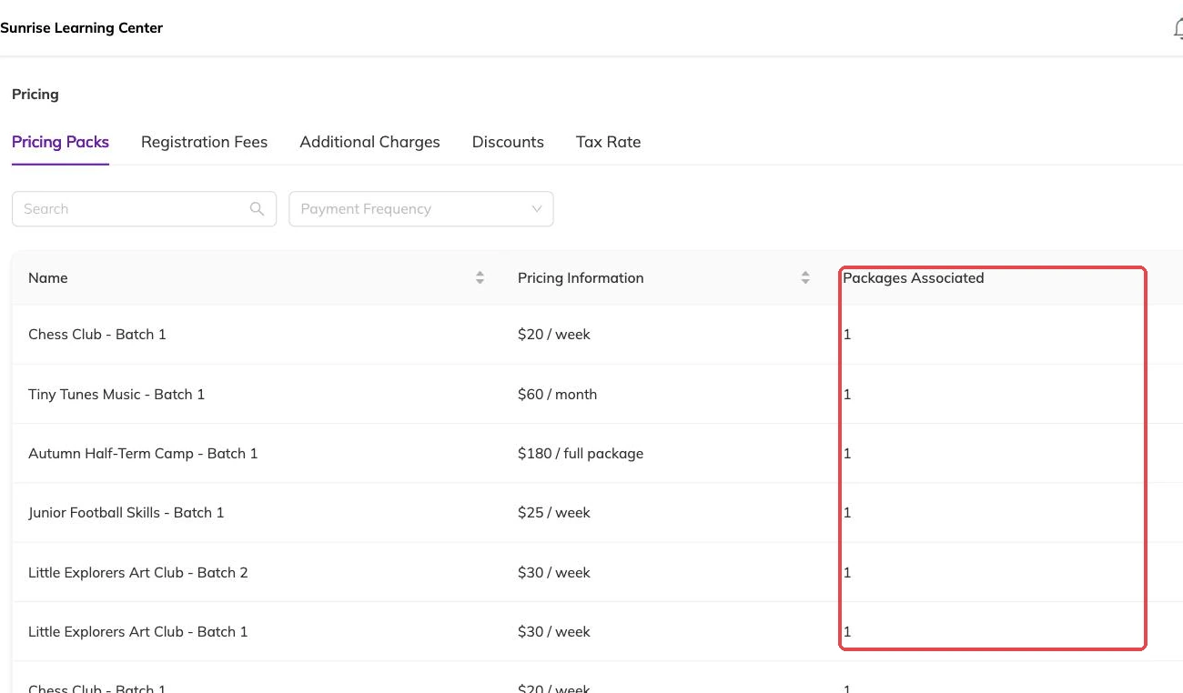 Packages associated column outlined