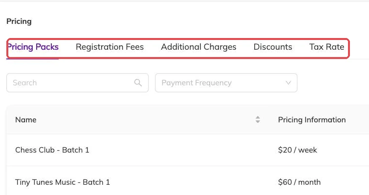 The Pricing Packs tab outlined