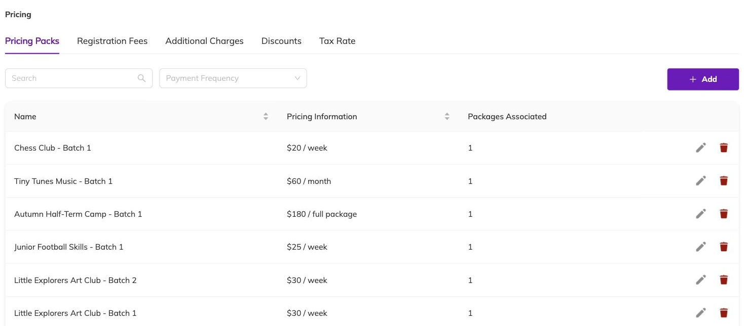 The Pricing Packs tab listing packs by name with their price and payment frequency, such as twenty dollars per week or one hundred and eighty dollars for the full package