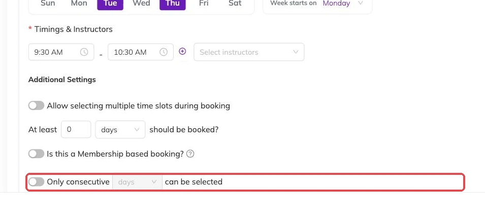 The consecutive-days toggle outlined