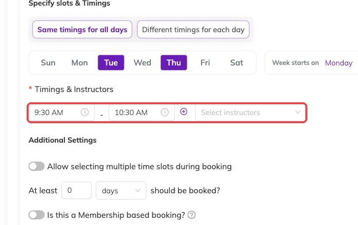 The timings and instructors row outlined