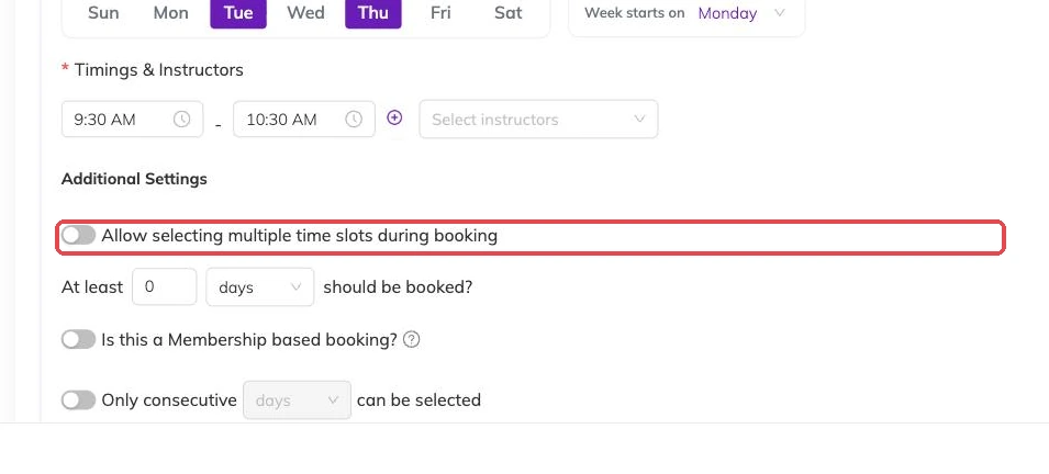 The 'Allow selecting multiple time slots during booking' toggle outlined