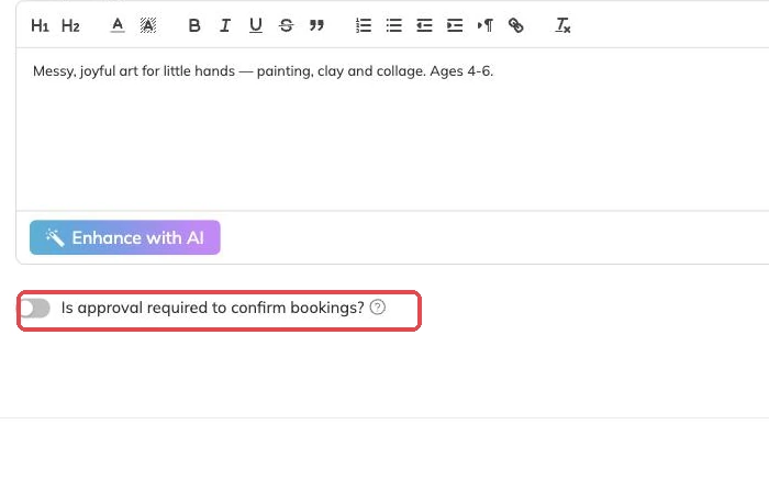 The 'Is approval required to confirm bookings?' toggle outlined in the package wizard