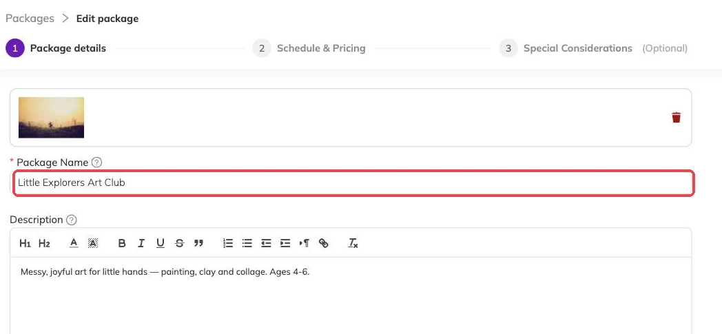 The package name field outlined