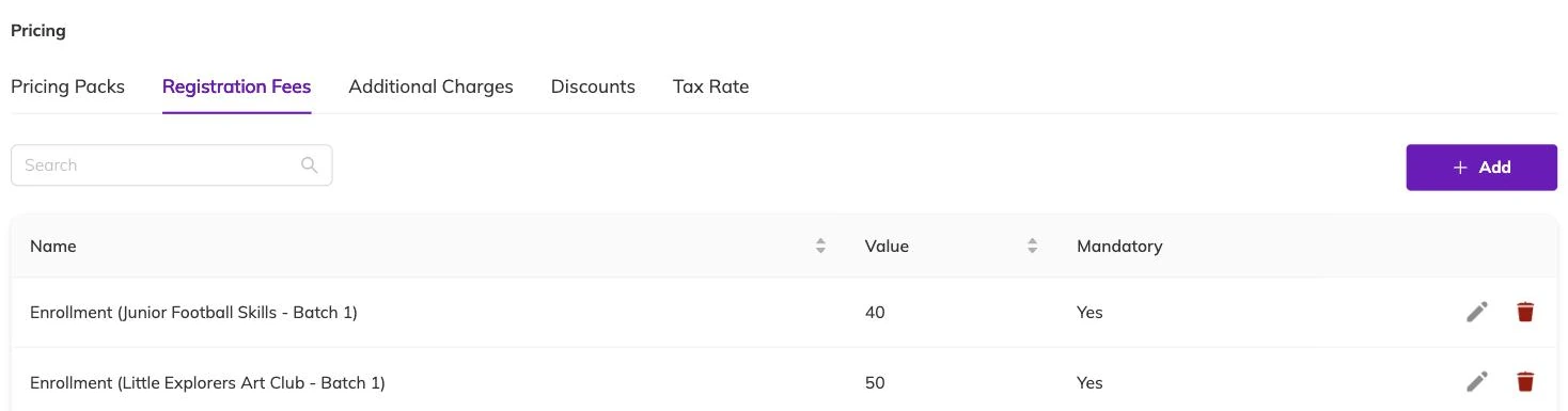 The Registration Fees tab listing enrolment fees by programme and batch with their value and whether they are mandatory