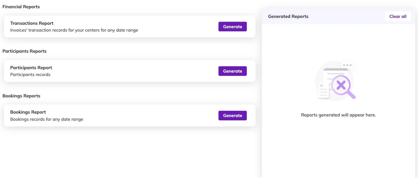 The reports page offering transactions, participants and bookings reports, each with a Generate button, beside a panel where generated reports appear