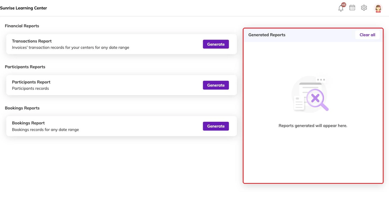 The generated reports panel outlined