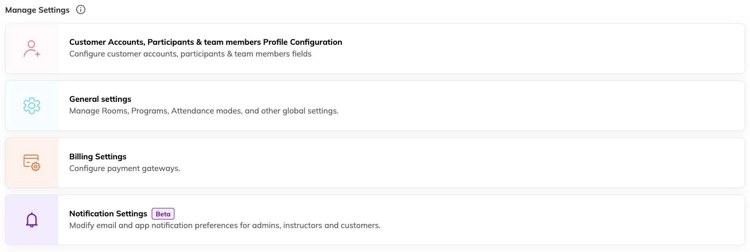 The settings menu listing profile configuration, general settings, billing settings and notification settings