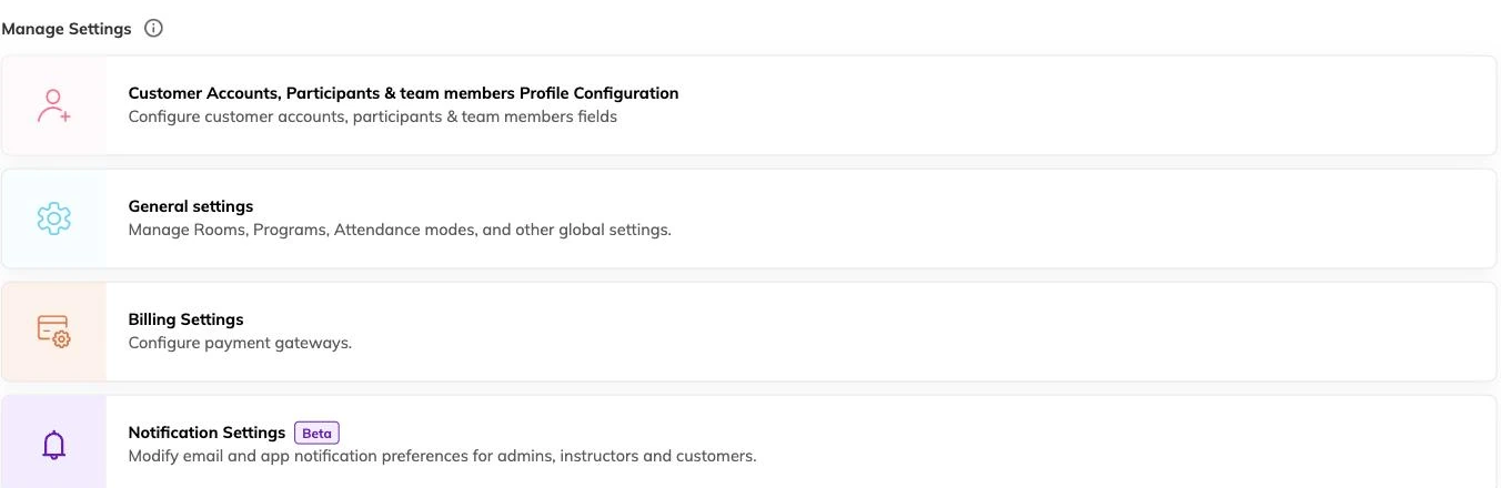 The Manage Settings page listing Customer Accounts and Participants profile configuration, General settings, Billing Settings and Notification Settings