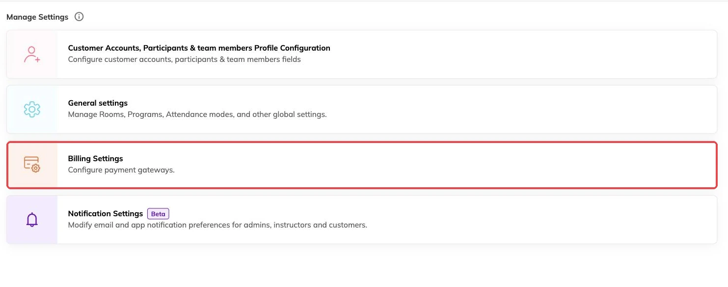 Billing Settings outlined in the settings menu