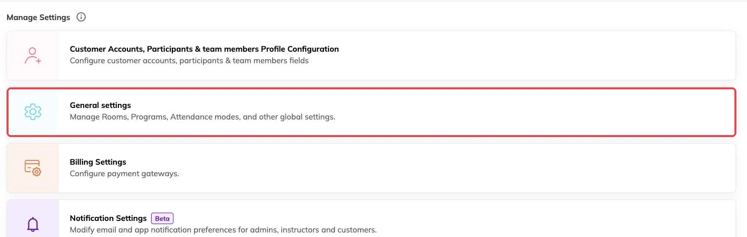 General settings outlined in the settings menu