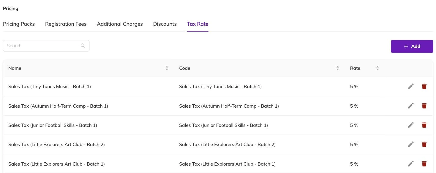 The Tax Rate tab listing sales tax entries per programme and batch, each with a code and a five percent rate
