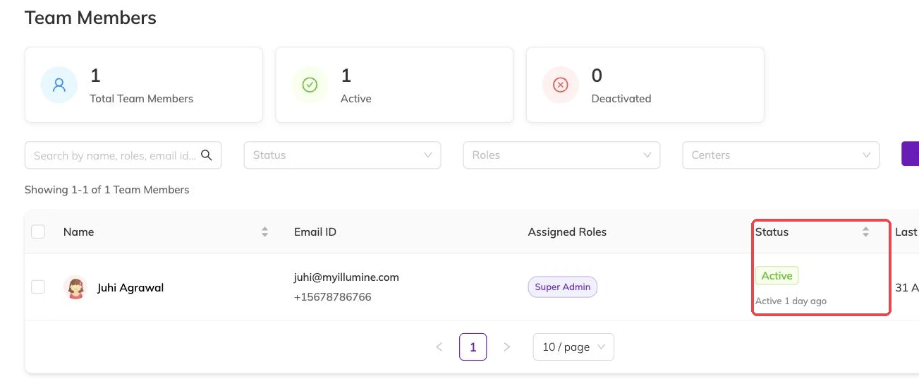 Status and last login columns outlined