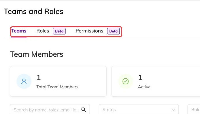 The Teams, Roles and Permissions tabs outlined