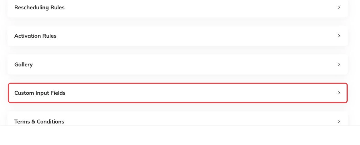 The Custom Input Fields section outlined on a programme's Special Considerations step